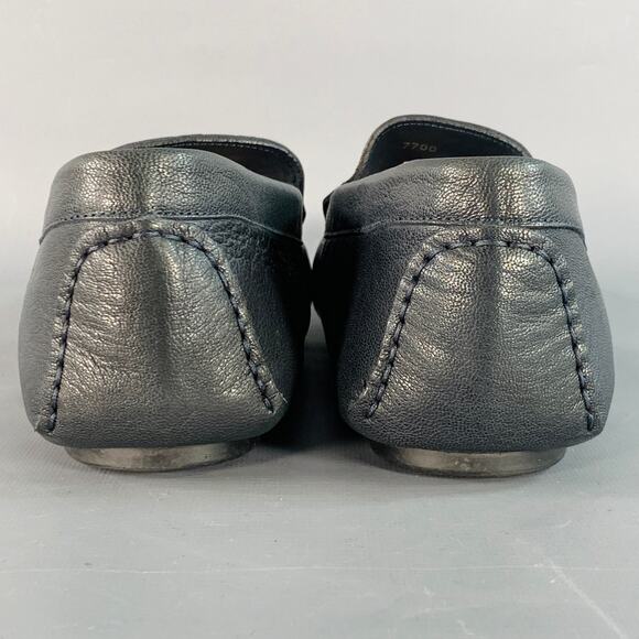 ROBERTO CAVALLI Size 11.5 Navy Silver Logo Embroidery Leather Drivers Loafers - Picture 3 of 8
